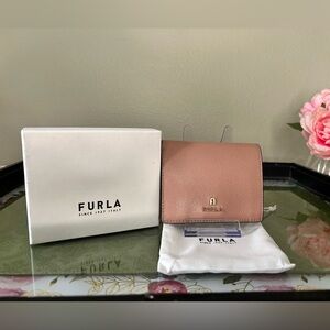 Furla Rose Pink Camelia Compact Leather Bifold Wallet with Gold Accent-